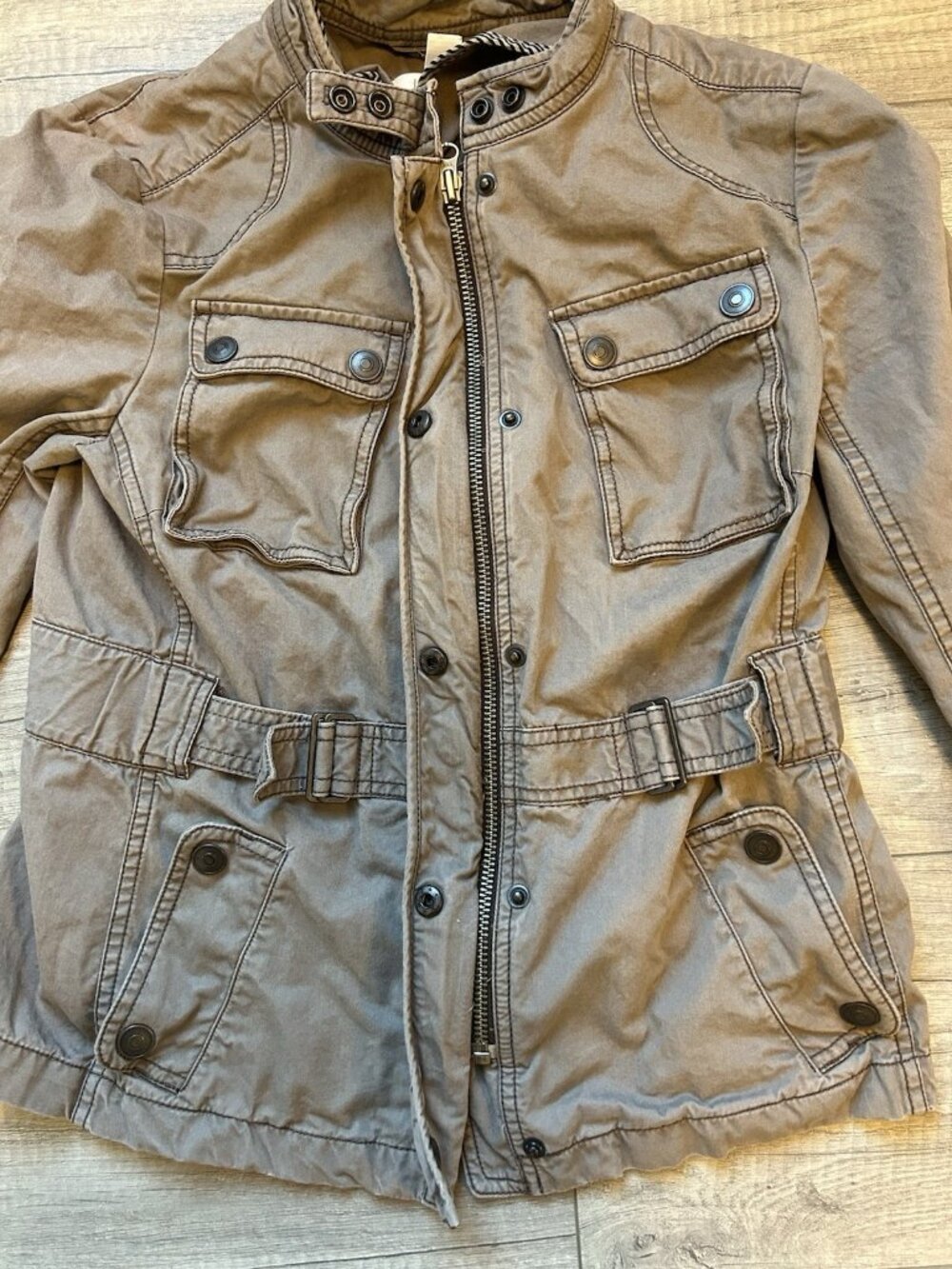 Ann Taylor LOFT Jacket Size 6 Brown Military Style Full Zip Belted Snap Pockets - Picture 6 of 10